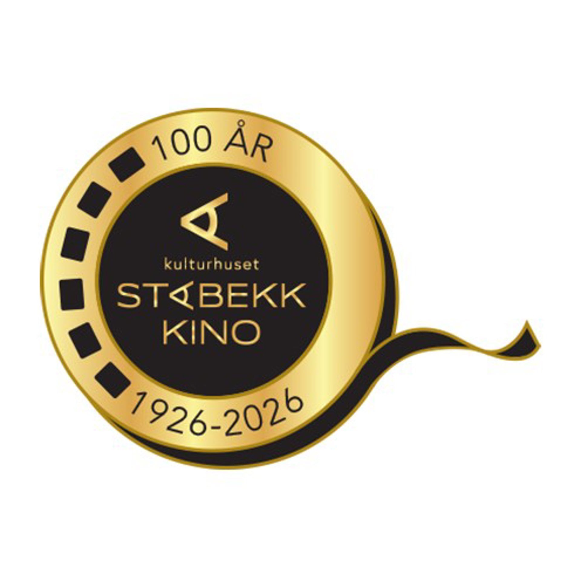 Stilisert filmrull i svart og gull med Stabekk kino 1926 - 2026
